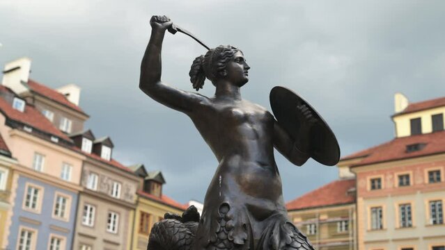 Bronze statue of Mermaid - sumbol of Warsaw, in the center of capital city of Poland