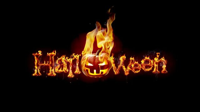 Halloween burning pumpkin head Jack lantern, letters with fire flames, smoke and sparks