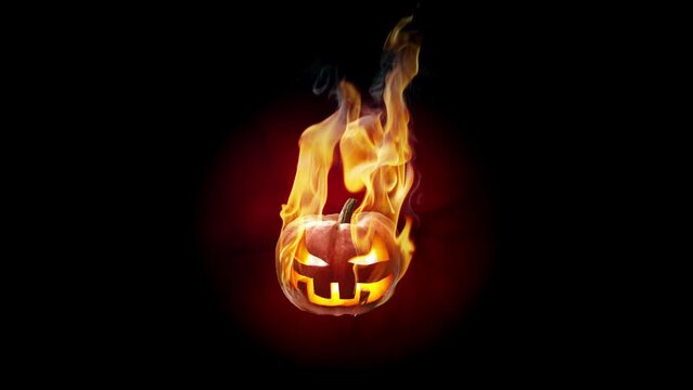 Halloween burning pumpkin head Jack lantern, fire flames, smoke and sparks