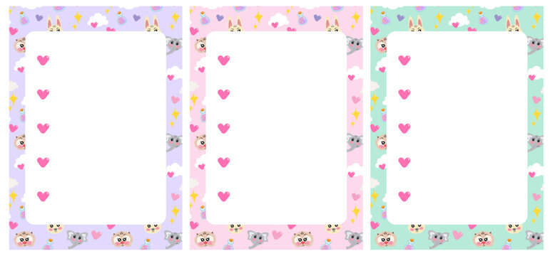 Set of style note organizer, check list, to do list with kawaii animals pattern. Printable cute checklist. Kawaii stationery with pastel soft colors