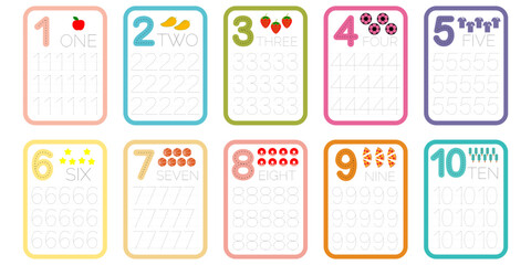 Numbers learning cards. Kindergarten flashcards with numbers, learning and spelling from 1 to 10 vector with illustration set