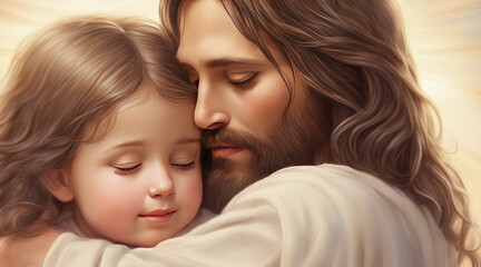 Heavenly Love: Jesus Embracing a Cute Little Girl with Love, AI Generated.