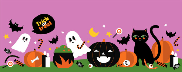 Happy Halloween. Trick or treat. Vector cute cartoon illustration of Halloween characters, ghost, black cat, bat, pumpkin, Halloween candy. Trendy flat design for ads, greetings, card, poster, cover
