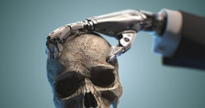 Artificial Intelligence domination, Cybernetic arm in sleeve of business suit holding human skull. Evolution of machine learning concept