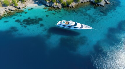 Aerial drone top down of luxury boat in blue sea - obrazy, fototapety, plakaty