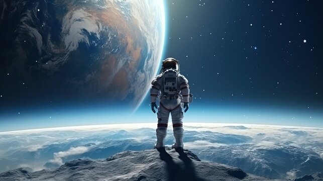 Astronaut look at the planet earth, galaxy space scene