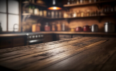 Empty rustic wooden tabletop against blurred kitchen, Generative AI
