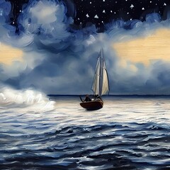 A Sailboat on the Open Sea at Midnight Oil Painting Fine Art Oil Painting, Wall Art, Artwork, postcard