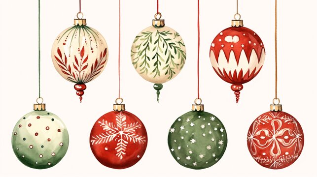 Set of creative Merry Christmas balls for Christmas tree decoration. Watercolor collection.