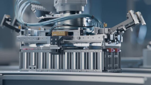 Close-up of Automotive Battery Module On Automated Production Line with Robot Arms. Electric Car Battery Pack Manufacturing Process. Modern and Bright Factory