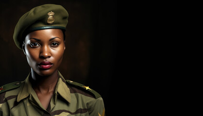 African woman wearing military uniform, female soldier. Studio portrait banner with dark copy space on side. Generative AI