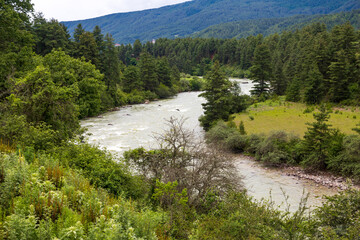 View of a river flowing in a valley surrounded by greenery with clouds over mountains in Bhutan