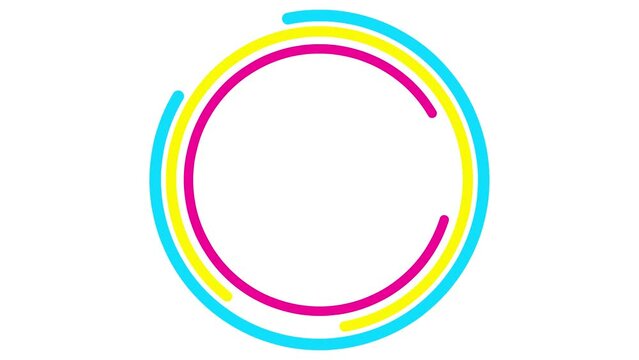 Animated colorful circular frame spins. Linear symbol rotates. Copy space for text. Vector illustration isolated on white background.
