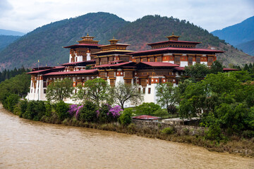 View of Punakha Dzong located next to Mo Chhu river in Bumthang district of Bhutan.