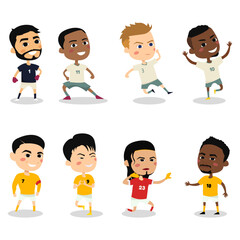 soccer players set of a young men running or standing on the football field