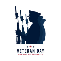 Veteran day logo design. Parade march of US soldiers army carrying weapons silhouette. Vector greeting illustration