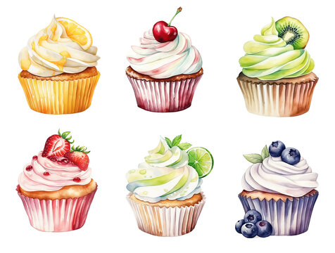 Set of watercolor cupcakes with fruits and berries isolated on white background.