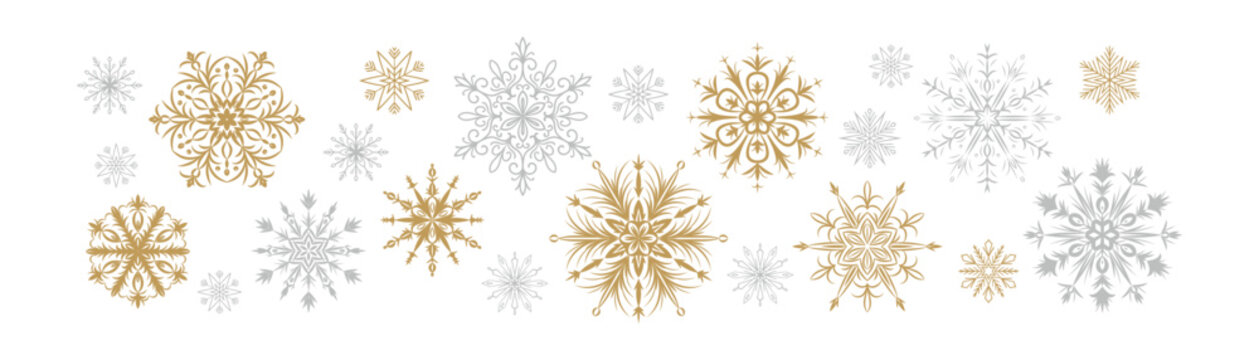Golden and silver snowflakes. Merry Christmas and happy new year greeting card design element. Vector illustration isolated on white. Winter background