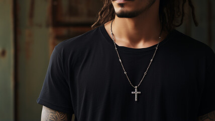 Man with Black Shirt and Cross Necklace