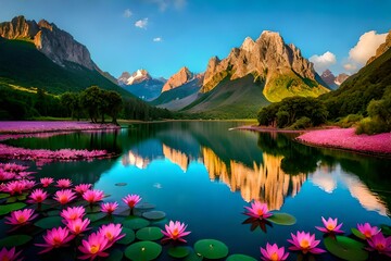 Tropical flower garden, oasis, stream, pond, lilly pads, lotus flowers, orchids, a rocky mountain range of New Europa, Terraformed Landscape,  - obrazy, fototapety, plakaty