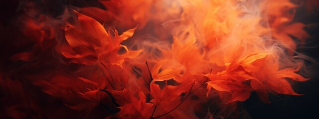 Autumn background, web design banner with red autumn leaves and color smoke. Autumn mood flame flow mystic atmosphere nature background