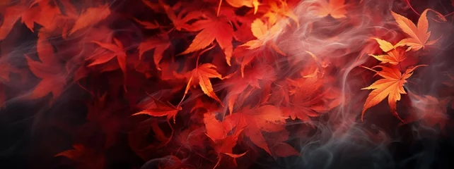 Tuinposter Autumn background, web design banner with red autumn leaves and color smoke. Autumn mood flame flow mystic atmosphere nature background © irissca
