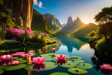 Tropical flower garden, oasis, stream, pond, lilly pads, lotus flowers, orchids, a rocky mountain range of New Europa, Terraformed Landscape, - obrazy, fototapety, plakaty