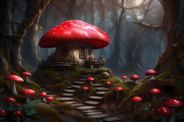 Dreamy fairytale magical fantasy house, red mushroom in the mysterious forest, highly detailed, enchanted, centered, high quality. AI Generated
