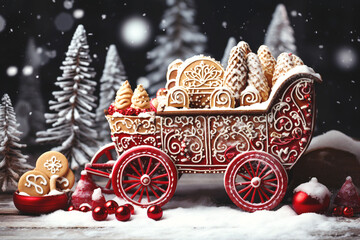 Vintage sleighs, adorned with ornaments and Christmas Cookies, standing in the snow