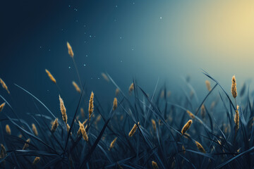 Blue and gold grass background landscape view of a golden long grass field with a blue sky behind. High quality photo