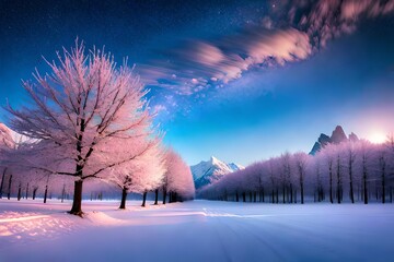frozen mountains, cherry trees, background of sparkling stars