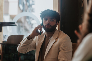 Handsome male employee having a phone call