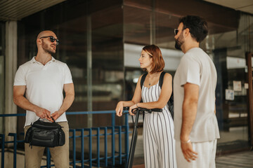 Confident businesspeople working outdoors, analyzing statistics, discussing financial reports. Modern start-up embracing teamwork and strategy.