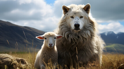 wolf and sheep on the mountains - obrazy, fototapety, plakaty