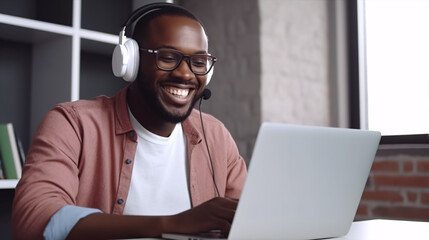 With a bright expression, a young African American gentleman in glasses and headphones sits comfortably with his laptop