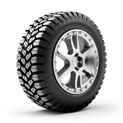 Fototapeta premium New car wheel isolated on white background. Front and side angle view of a racer car tire. Generative AI