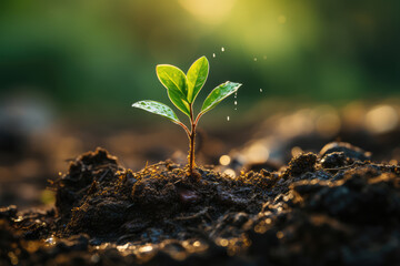 The seedling are growing from the rich soil to the morning sunlight that is shining, ecology concept. High quality photo
