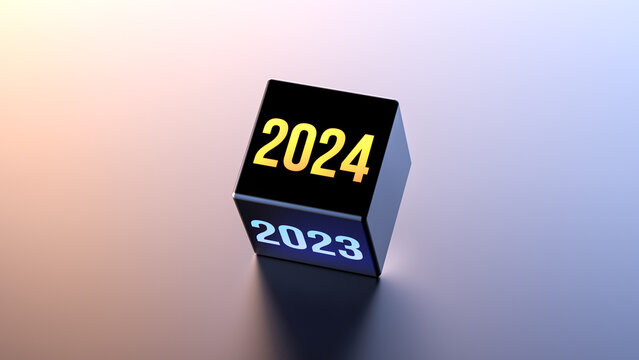 2023 cube flips to 2024. 2023-2024 abstract neon concept banner, wallpaper. Planning 2024, business art. 3D render
