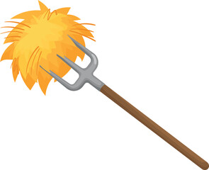 Hayfork with golden straw cartoon icon. Farm work symbol