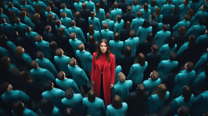 Obraz premium Standing out from the crowd concept with well dressed woman rising above crowd of different people