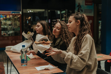 Beautiful three hungry girls enjoying a delicious slice of pizza after hanging out in the city all day