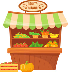 Fruits and vegetables stall. Fresh food market counter