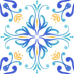 Fototapeta na wymiar Abstract watercolor tile ornament with bright colors - yellow, turquoise, blue. Seamless pattern on a white background. Large format.