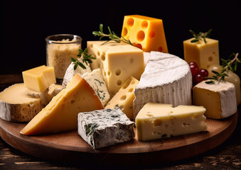 Cheese assortment from different countries traditional cuisine.Macro.AI Generative