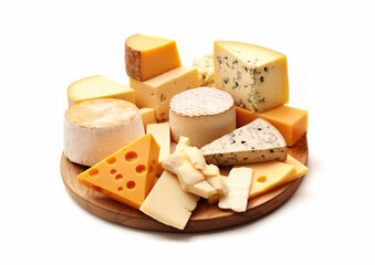Assortment of cheeses on round wooden board on white background.Macro.AI Generative