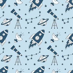 Universe seamless pattern with rocket, constellation, telescope, planet, radio telescope, stars in doodle style. Cosmos Vector Monochrome line sketch pattern