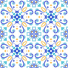 Abstract watercolor tile ornament with bright colors - yellow, turquoise, blue. Seamless pattern on a white background. Large format.