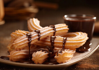 Spanish sweet pastry churros with chocolate in plate on cafe table.Macro.AI Generative