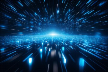 Abstract technology dynamic background of the future featuring vibrant neon wave lines in shades of blue, accompanied by mesmerizing bokeh lights. The concept of transferring data.