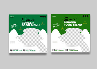Green Fast food Delicious sale burger and restaurant fast food menu social media promotion square banner template